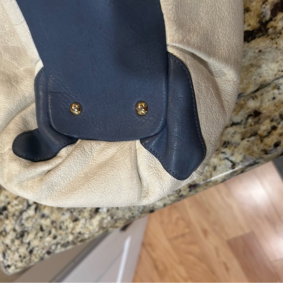 MCM Munich Leather Satchel Top Handle Bag Cream Blue Gold Hardware - Picture 6 of 13